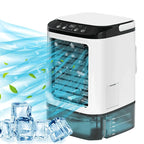 Desktop air cooler fan with ice cubes and cool mist airflow illustration
