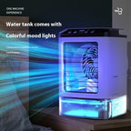 Desktop air cooler fan with colorful LED mood lighting on nightstand