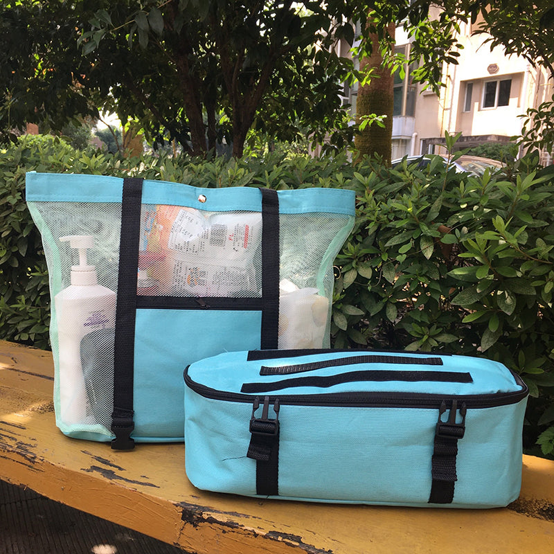 Teal mesh beach tote and detachable insulated cooler bag with beach items