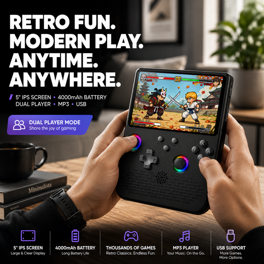5 inch IPS handheld game console with RGB controls, 4000mAh battery, dual player mode, MP3 and USB support for retro gaming.