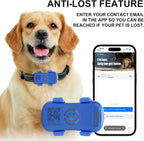 Dog GPS tracker anti-lost feature showing QR code scan and contact email in app