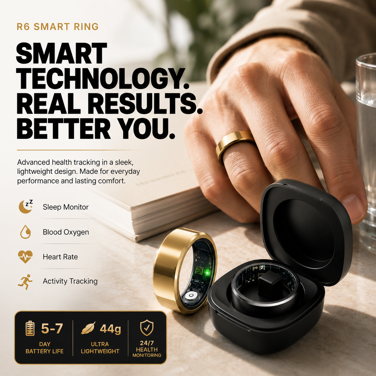 High-end lifestyle product advertisement of a R6 Smart Ring Health Tracker and charging case. The ring sits next to its open black charging case on a beige marble surface. Bold text on the left highlights key features: sleep monitor, heart rate, blood oxygen, activity tracking, and emphasizes no subscription required. Icons indicate IP68 waterproof rating, up to 7 days battery life, and ultra-light all-day comfort. Soft natural lighting creates subtle shadows and a premium, minimalist aesthetic.