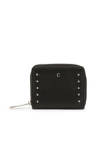 Front flat-lay of ALLIE-CB7053 black PU wallet featuring metallic side studs and Carrera logo.