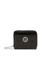 Front view of AUDREY-CB7273 brown PU wallet featuring monogram print and metal Carrera logo.