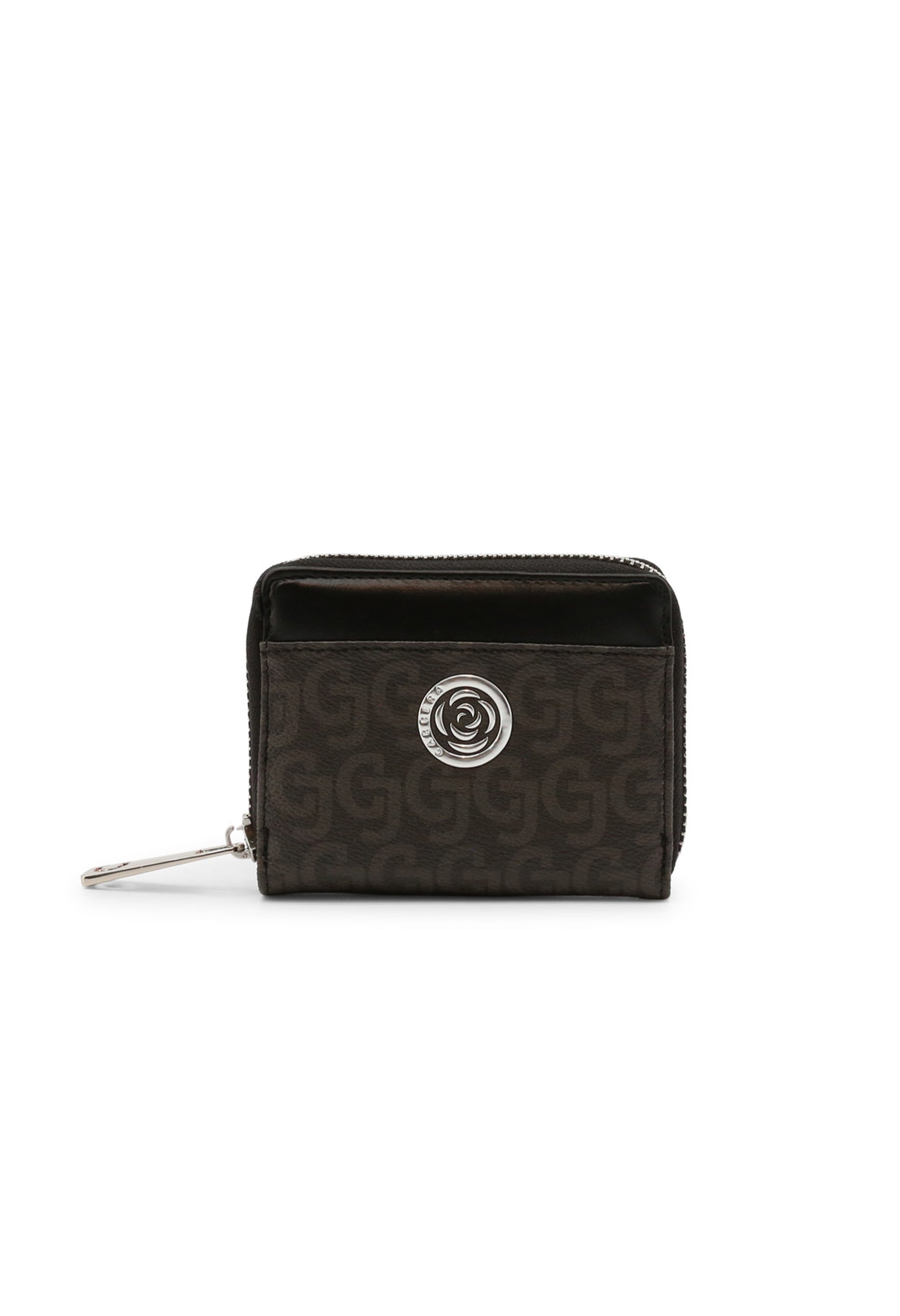 Front view of AUDREY-CB7273 brown PU wallet featuring monogram print and metal Carrera logo.