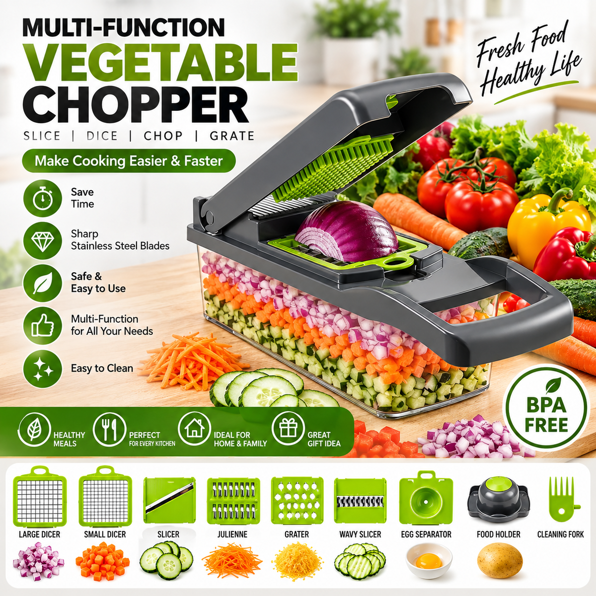 Vegetable Chopper 15 in 1 Salad Fruit Peeler Slicer Dicer Kitchen Cutter Tool