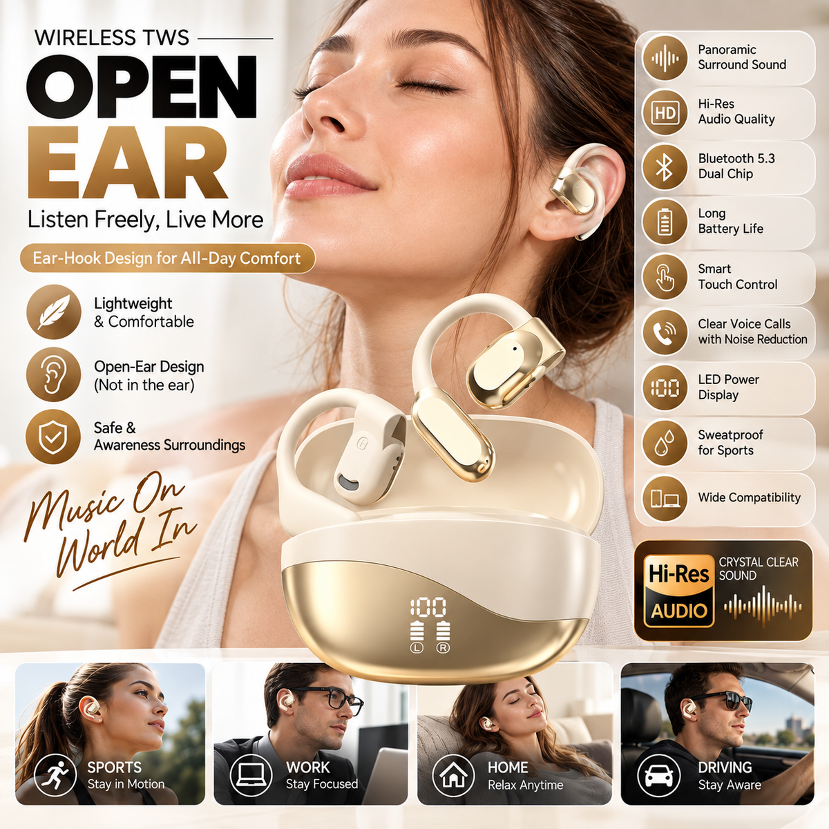 Wireless Bone Conduction Bluetooth Headset with Ear Hook