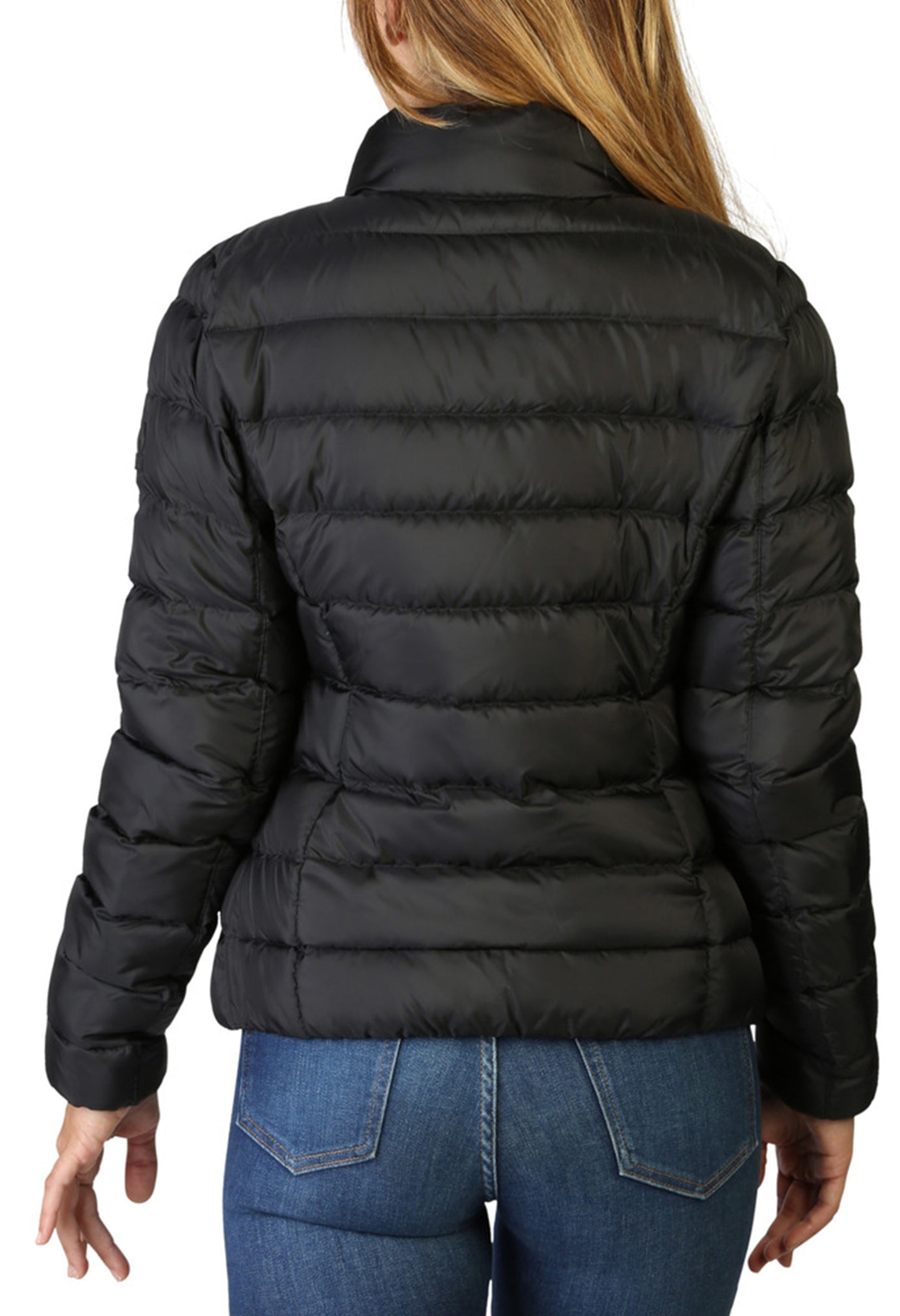 Back view of Ciesse MIKALA-P0210D women’s bomber jacket featuring quilted padding and solid black design.