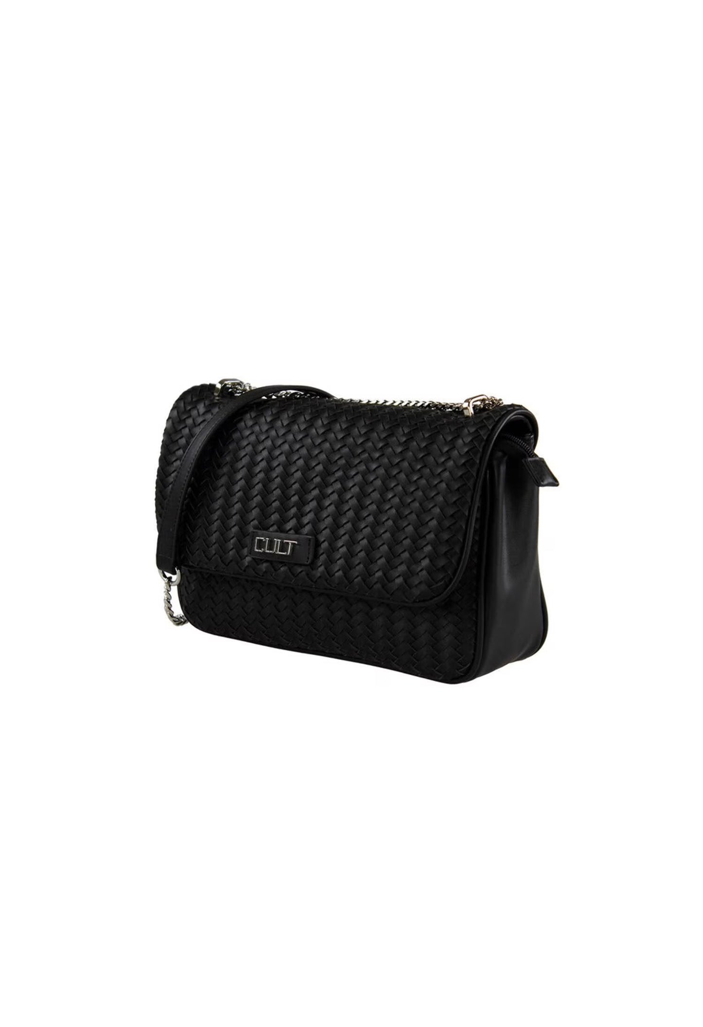 Black woven handbag with a visible brand logo on a white background
