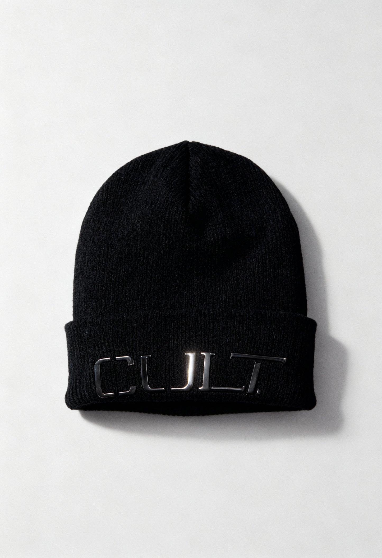 Cult X4EPUX97600Z black unisex beanie hat displayed flat with metallic CULT logo detail on the cuff.