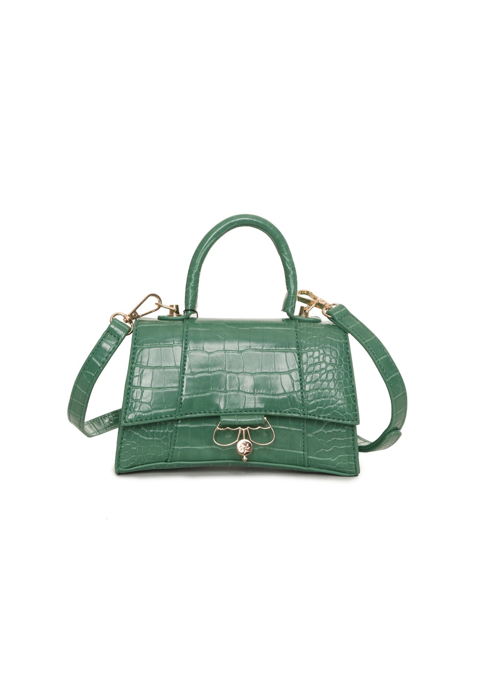 Flat product image of the EGFW006-JANE green croco handbag showing front flap and visible logo.