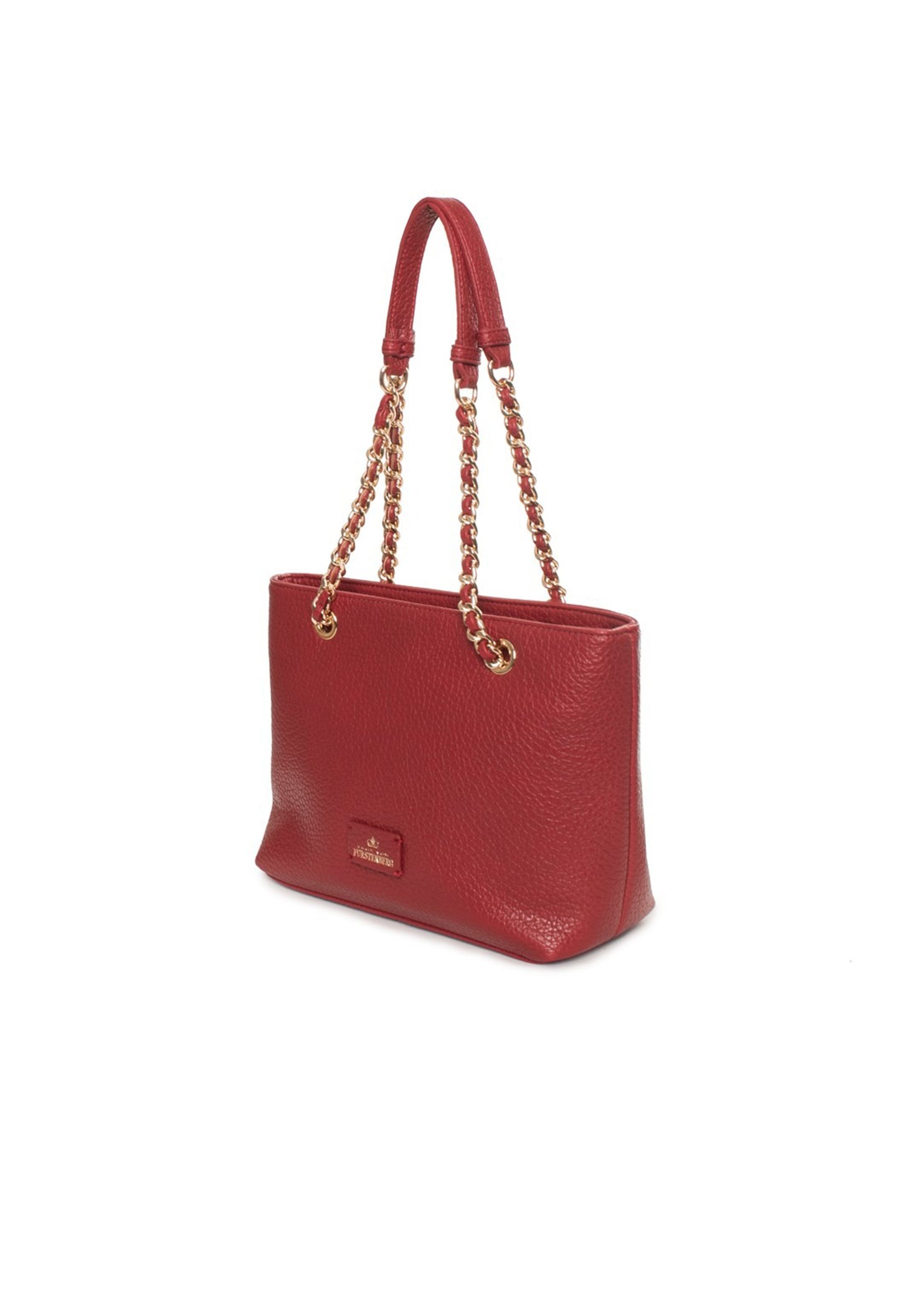 Angled view of the red EVF68102 CLAUDIA bag highlighting structure, chain straps, and textured PU material.