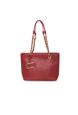 Front view of the red EVF68102 CLAUDIA shoulder bag with two chain handles and zip closure.