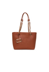 Brown EVF68102 CLAUDIA PU shoulder bag with gold-tone chain handles and logo detail.