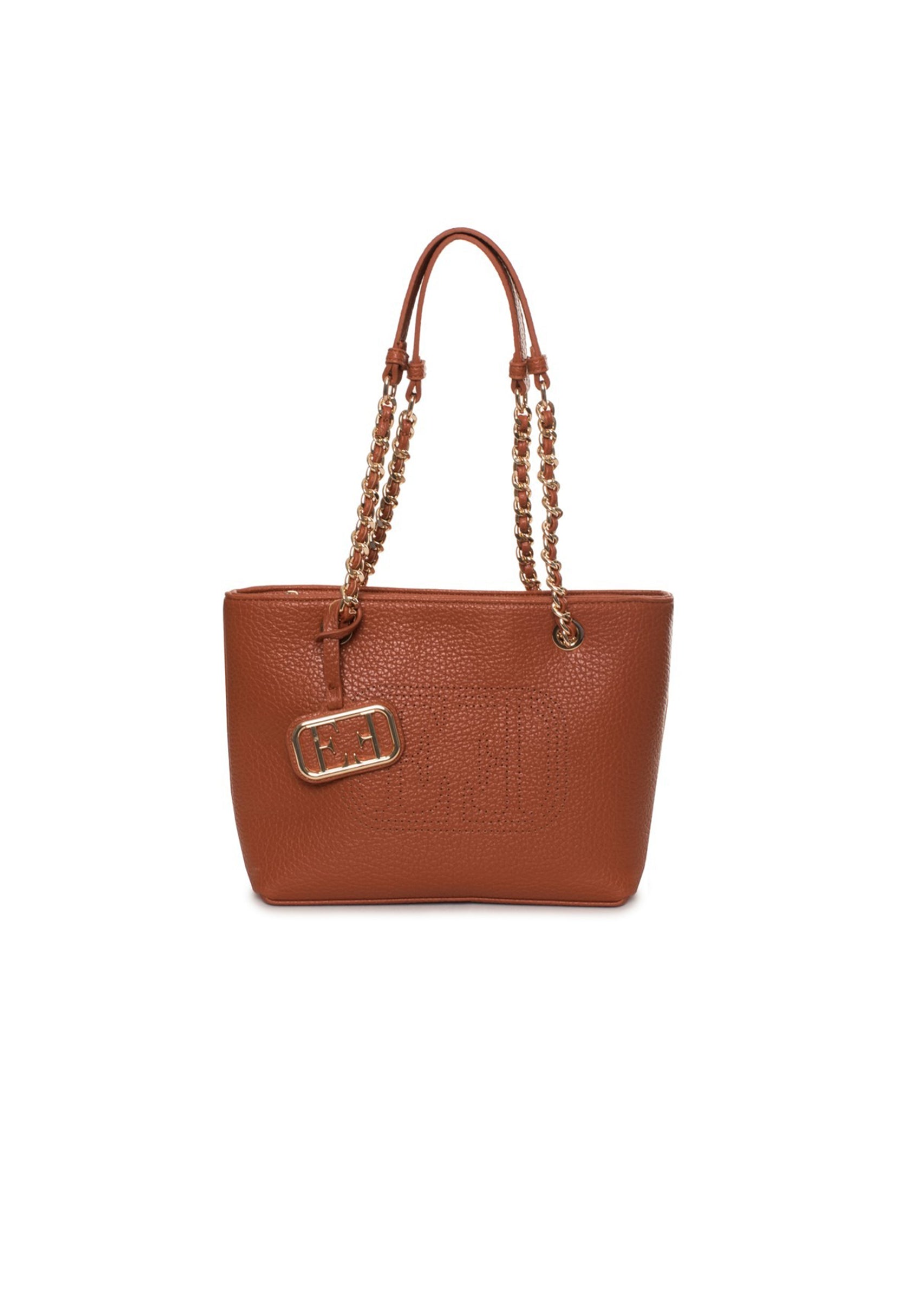 Brown EVF68102 CLAUDIA PU shoulder bag with gold-tone chain handles and logo detail.