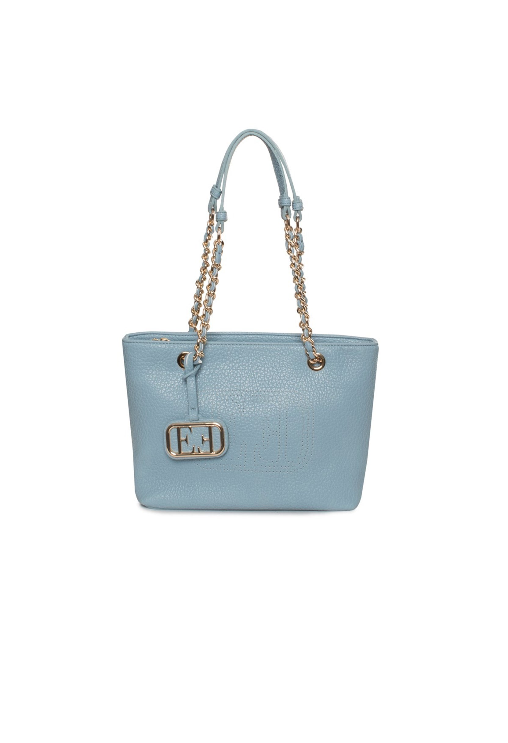 Light blue EVF68102 CLAUDIA shoulder bag with gold chain handles and clean minimalist design.