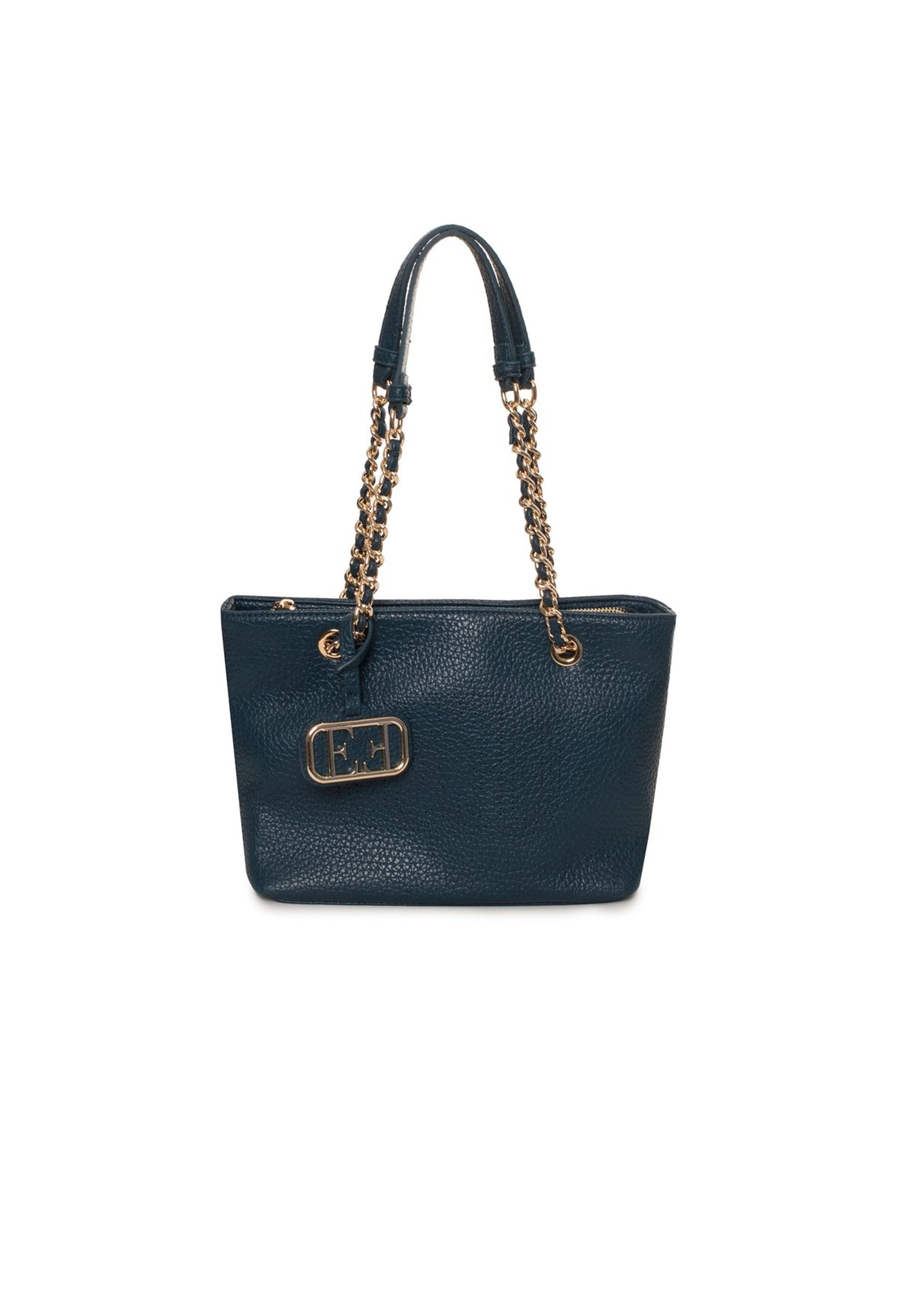 Navy blue EVF68102 CLAUDIA shoulder bag showcasing gold chain handles and front logo plaque.