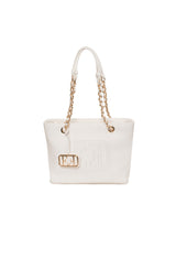 White EVF68102 CLAUDIA shoulder bag with chain handles and visible front logo plaque.