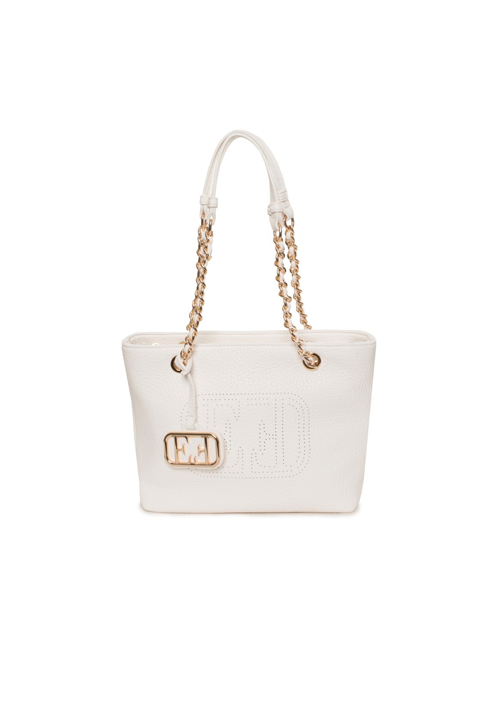 White EVF68102 CLAUDIA shoulder bag with chain handles and visible front logo plaque.