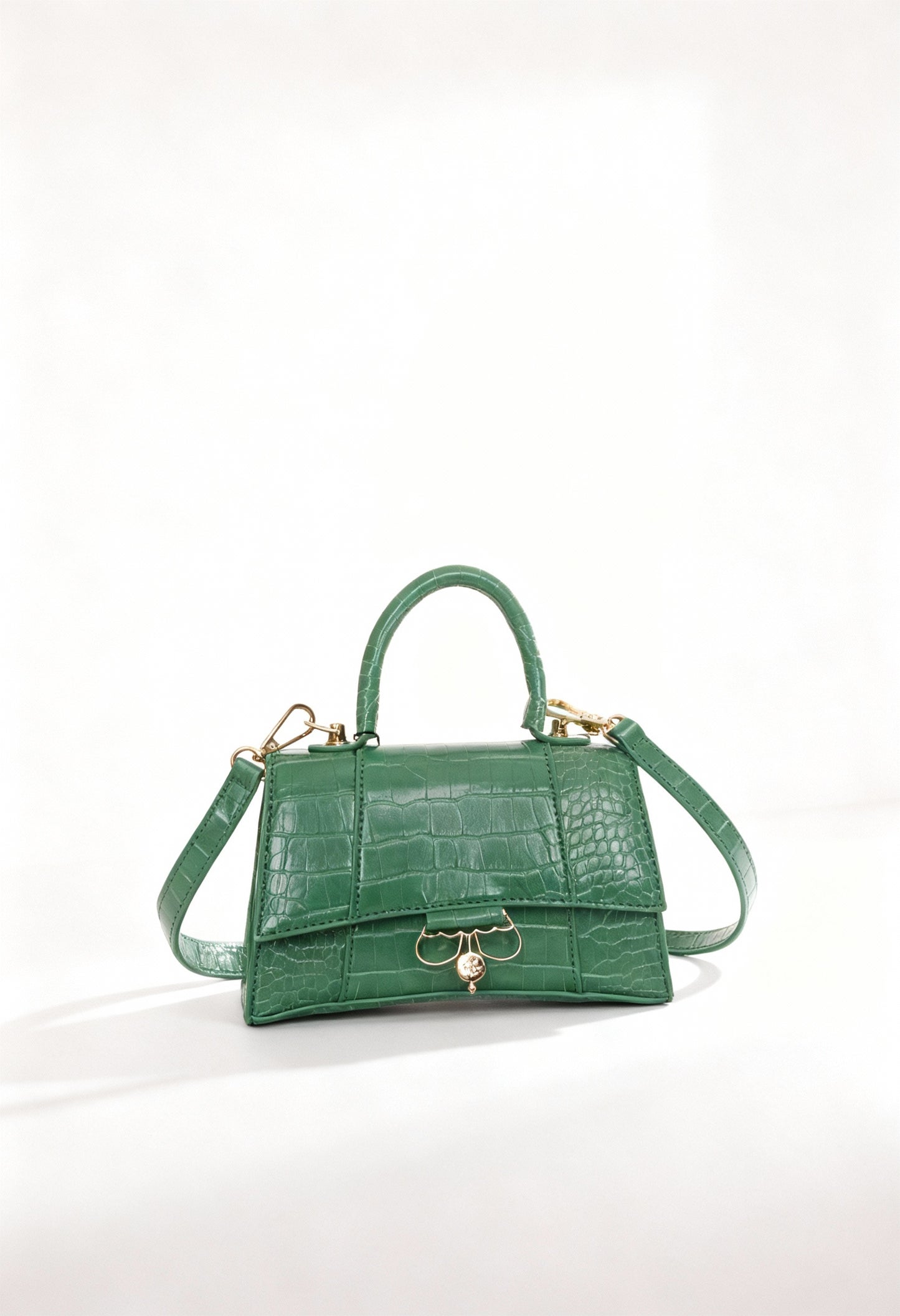 Green croco-effect Egon Von Furstenberg EVFW006-JANE handbag with top handle and gold hardware, studio lighting.