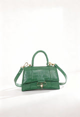 Green croco-effect Egon Von Furstenberg EVFW006-JANE handbag with top handle and gold hardware, studio lighting.