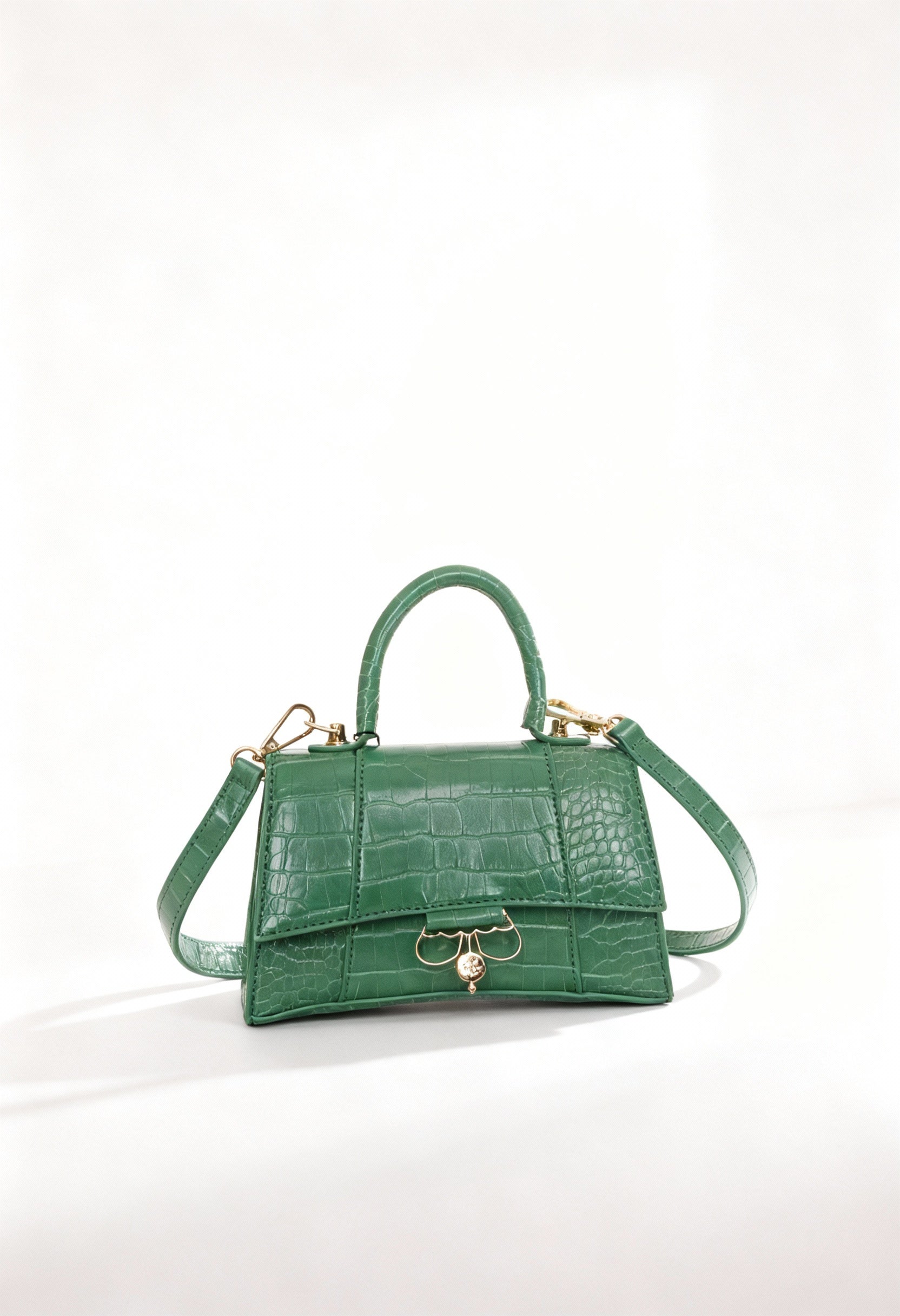 Green croco-effect Egon Von Furstenberg EVFW006-JANE handbag with top handle and gold hardware, studio lighting.