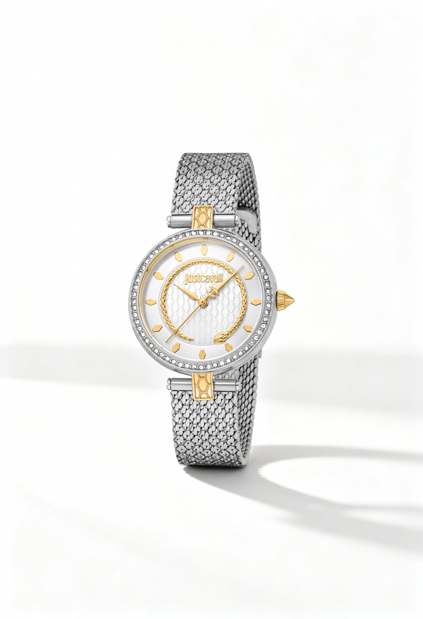 Just Cavalli JC1L240M women’s stainless steel watch with gold accents and 32 mm dial, displayed in bright studio lighting.