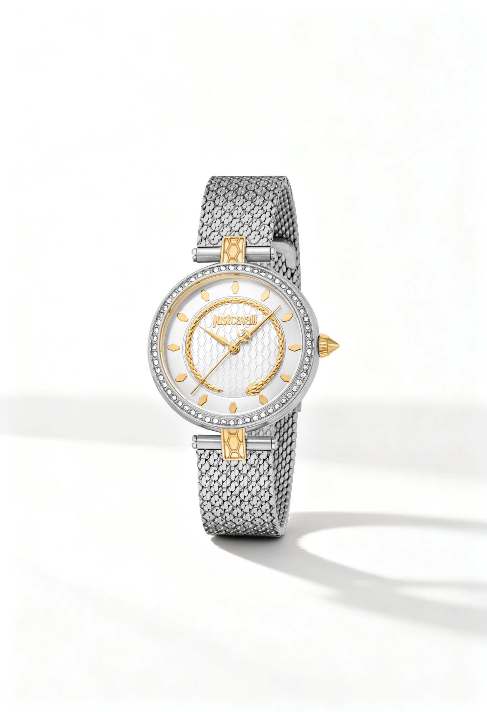 Just Cavalli JC1L240M women’s stainless steel watch with gold accents and 32 mm dial, displayed in bright studio lighting.