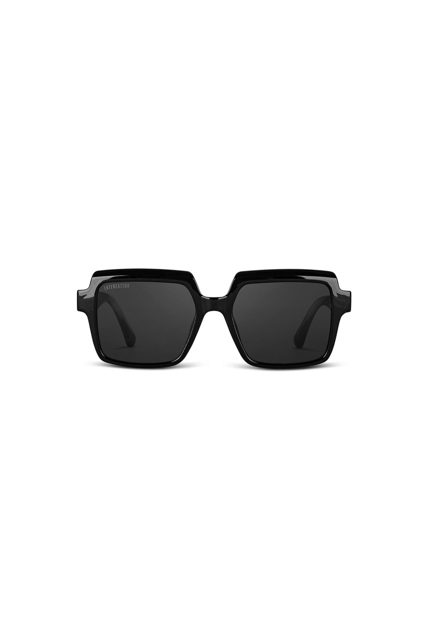 Front view of LatenzaZero Echelon unisex sunglasses featuring bold black square frame and dark UV3 lenses.