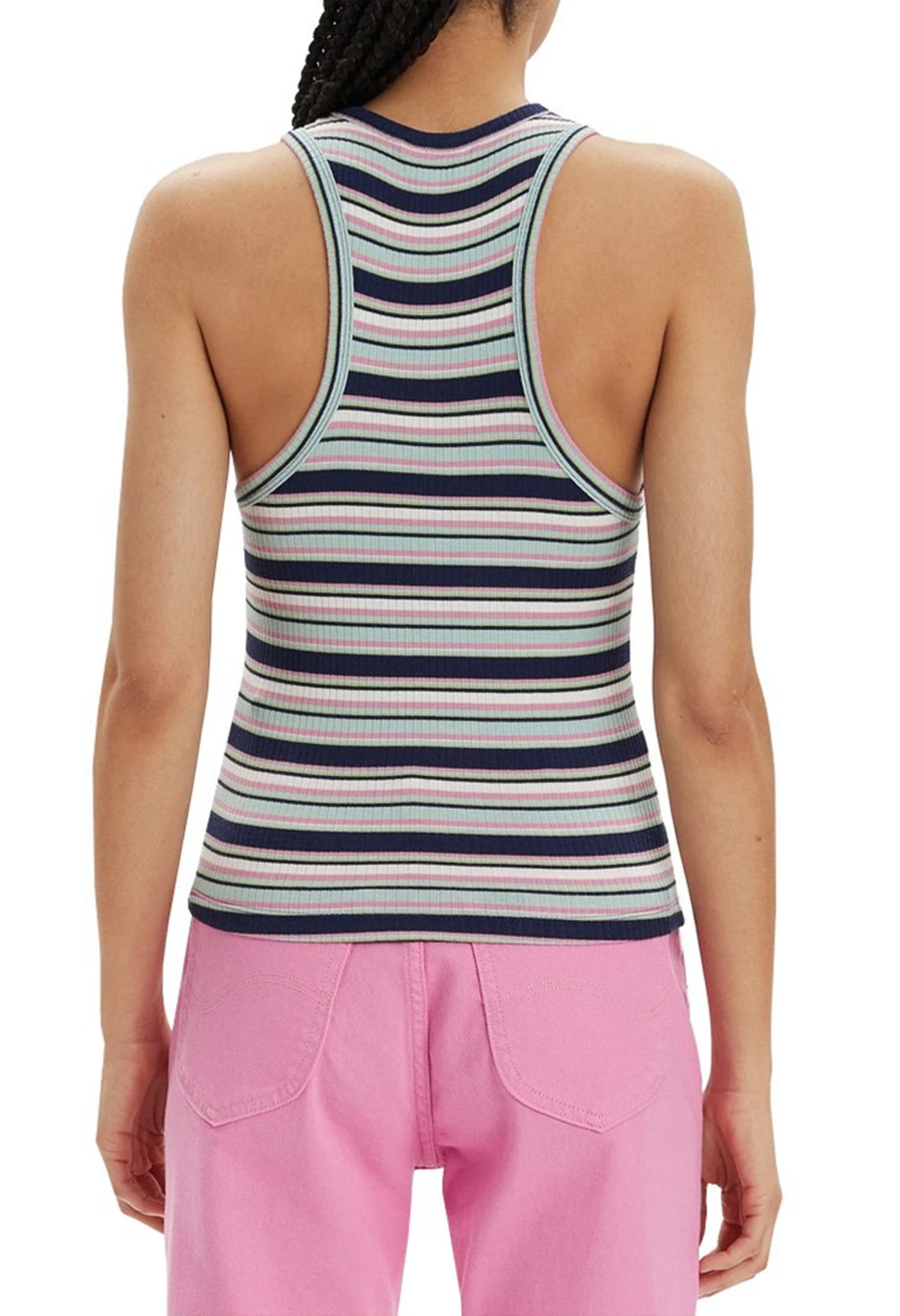 Back view of woman wearing Lee 112350213 sleeveless striped racerback top with navy and pastel stripes.