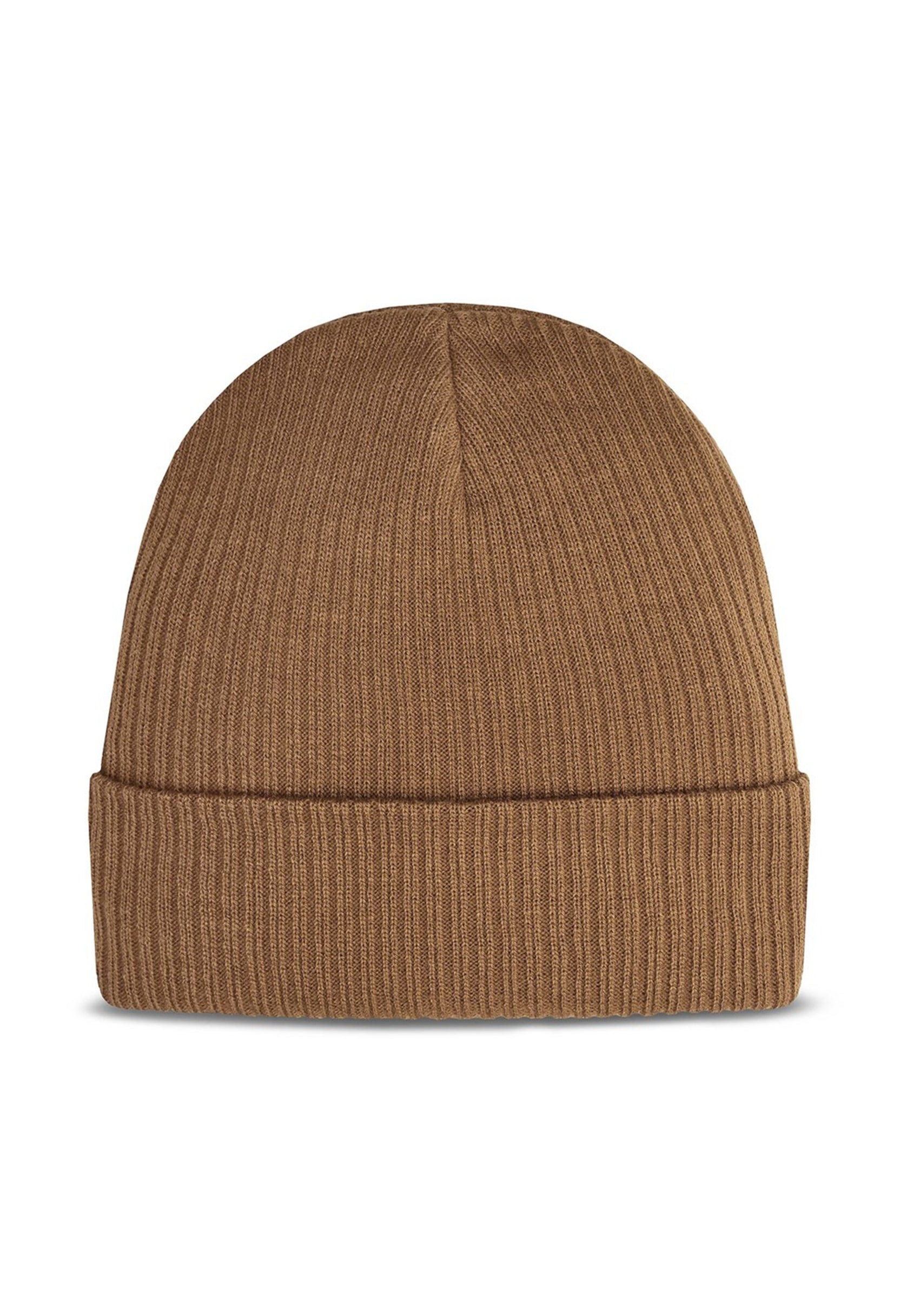Back flat-lay view of Lee 112358302 solid brown ribbed knit beanie hat.