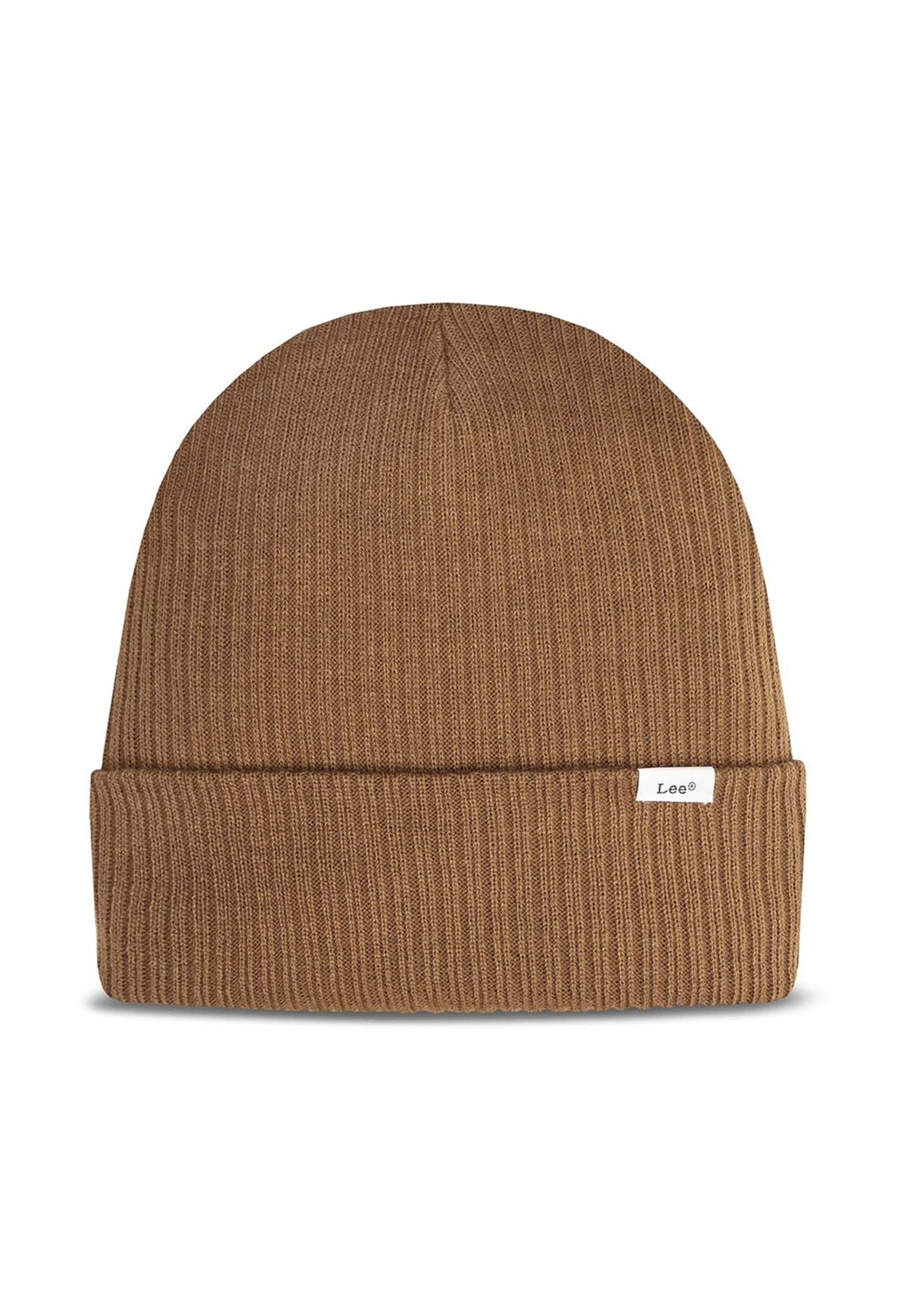 Front flat-lay of Lee 112358302 brown beanie hat with folded cuff and woven Lee label.