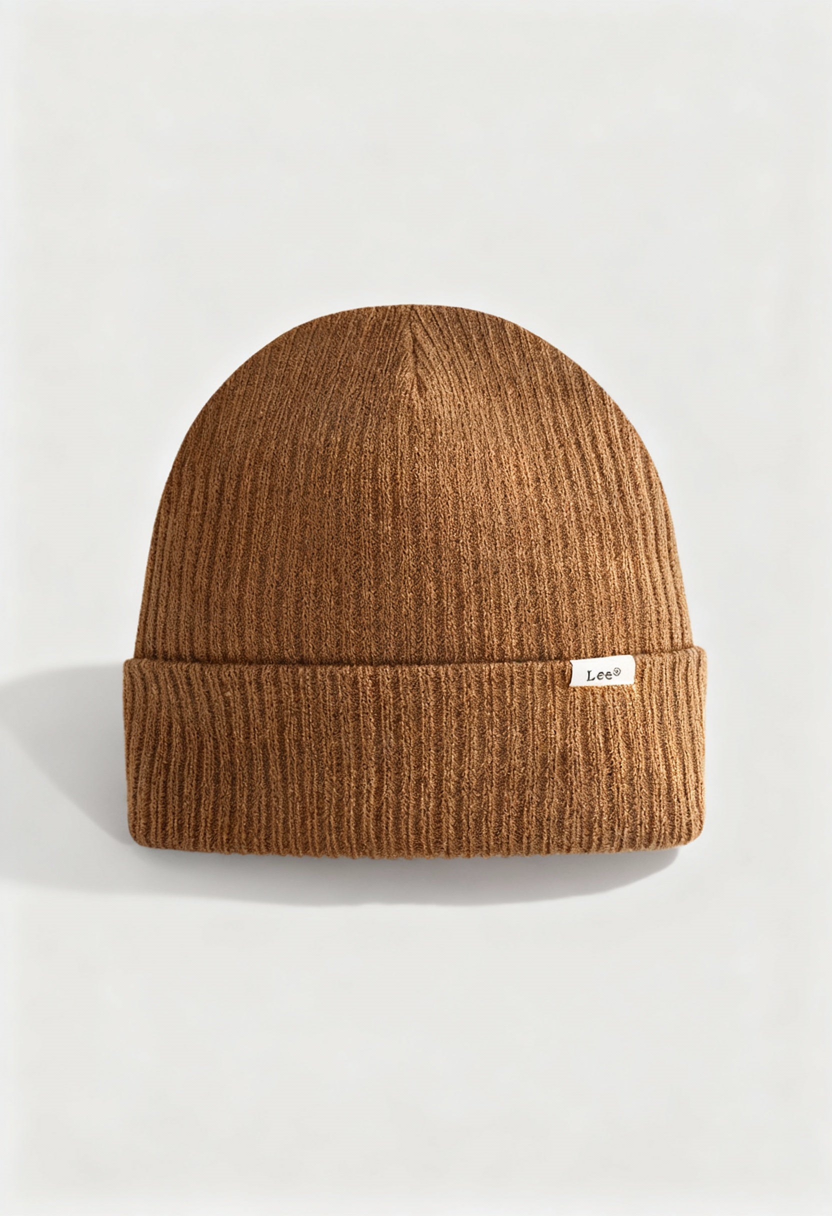 Lee 112358302 brown unisex ribbed knit beanie hat with folded cuff, displayed in studio lighting.
