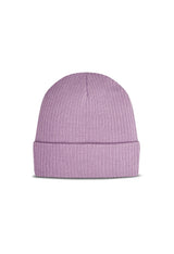 Back view of Lee 112358334 lilac ribbed knit beanie hat with folded cuff.