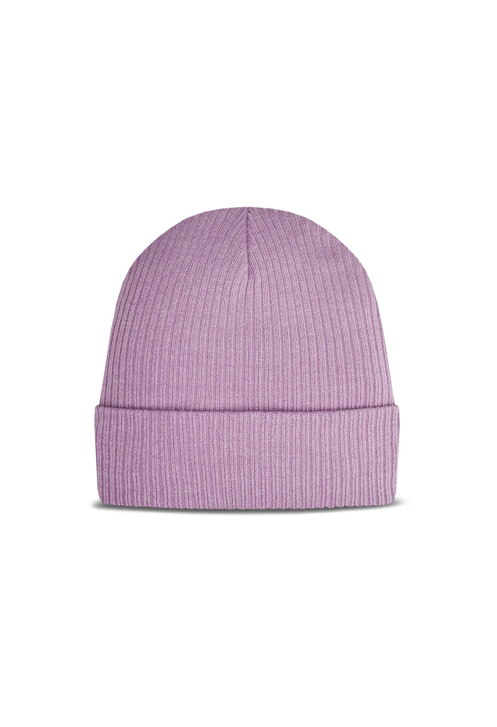 Back view of Lee 112358334 lilac ribbed knit beanie hat with folded cuff.