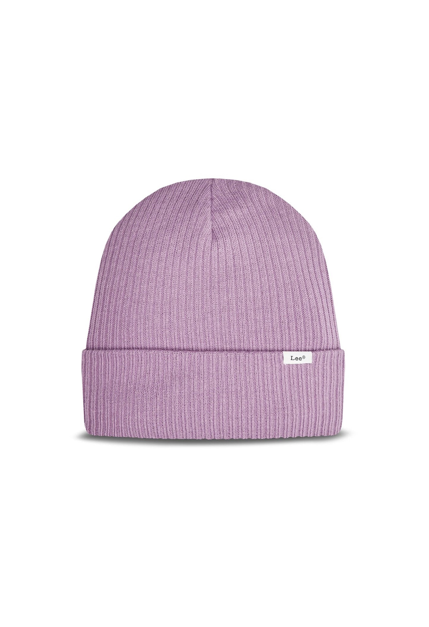 Front flat-lay of Lee 112358334 lilac beanie featuring ribbed texture and small woven Lee label.