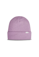 Front flat-lay of Lee 112358334 lilac beanie featuring ribbed texture and small woven Lee label.