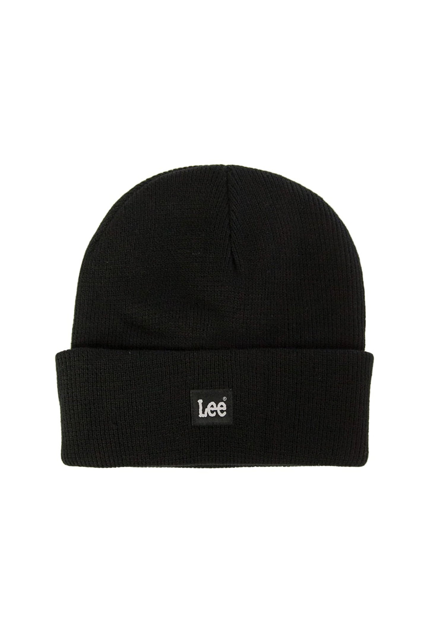 Front flat-lay of Lee LP594001 black beanie hat featuring small woven Lee label on the cuff.