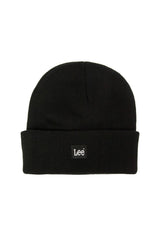Front flat-lay of Lee LP594001 black beanie hat featuring small woven Lee label on the cuff.