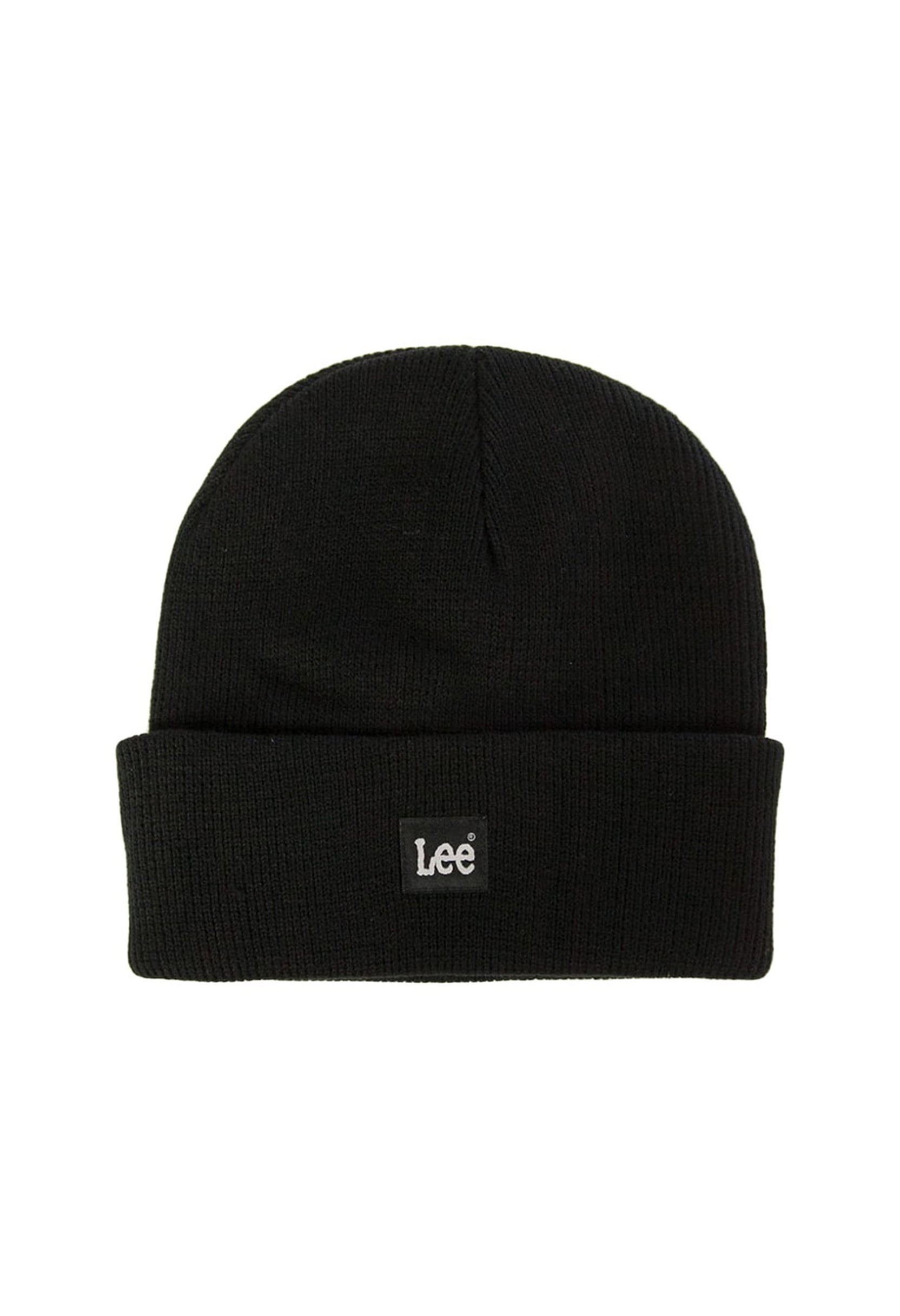 Front flat-lay of Lee LP594001 black beanie hat featuring small woven Lee label on the cuff.
