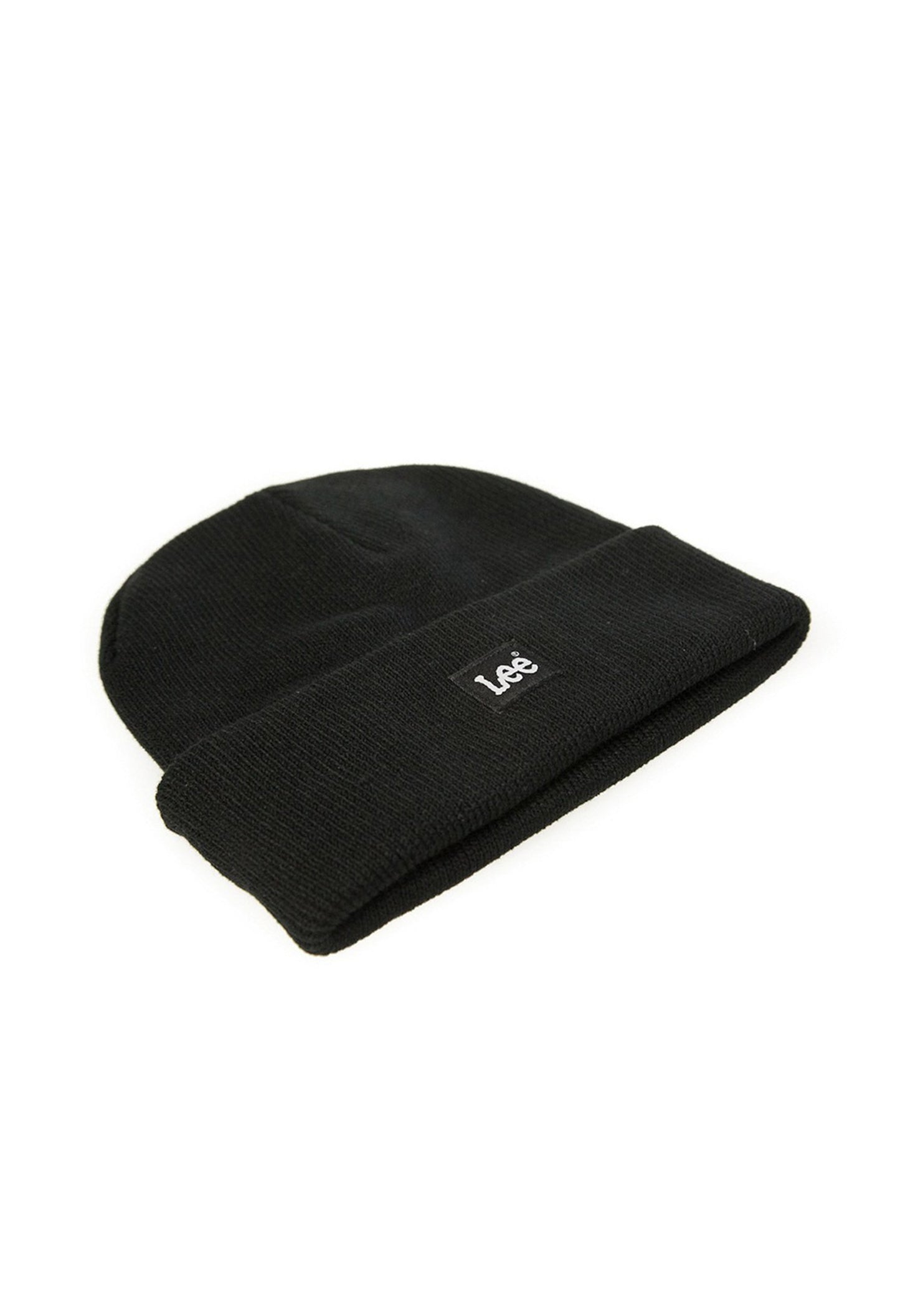 Side angled view of Lee LP594001 black knit beanie hat showing ribbed texture and folded cuff.