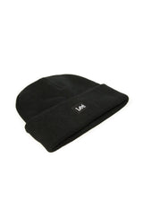 Side angled view of Lee LP594001 black knit beanie hat showing ribbed texture and folded cuff.