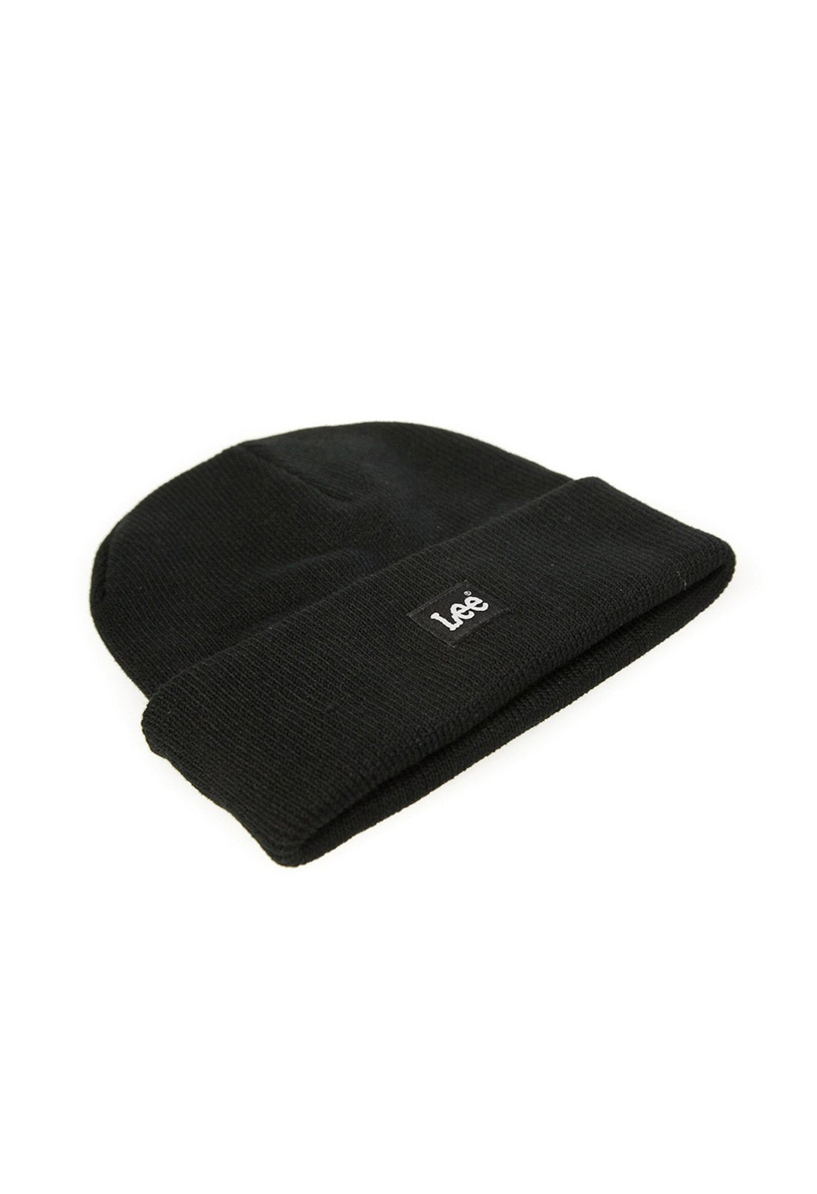 Side angled view of Lee LP594001 black knit beanie hat showing ribbed texture and folded cuff.