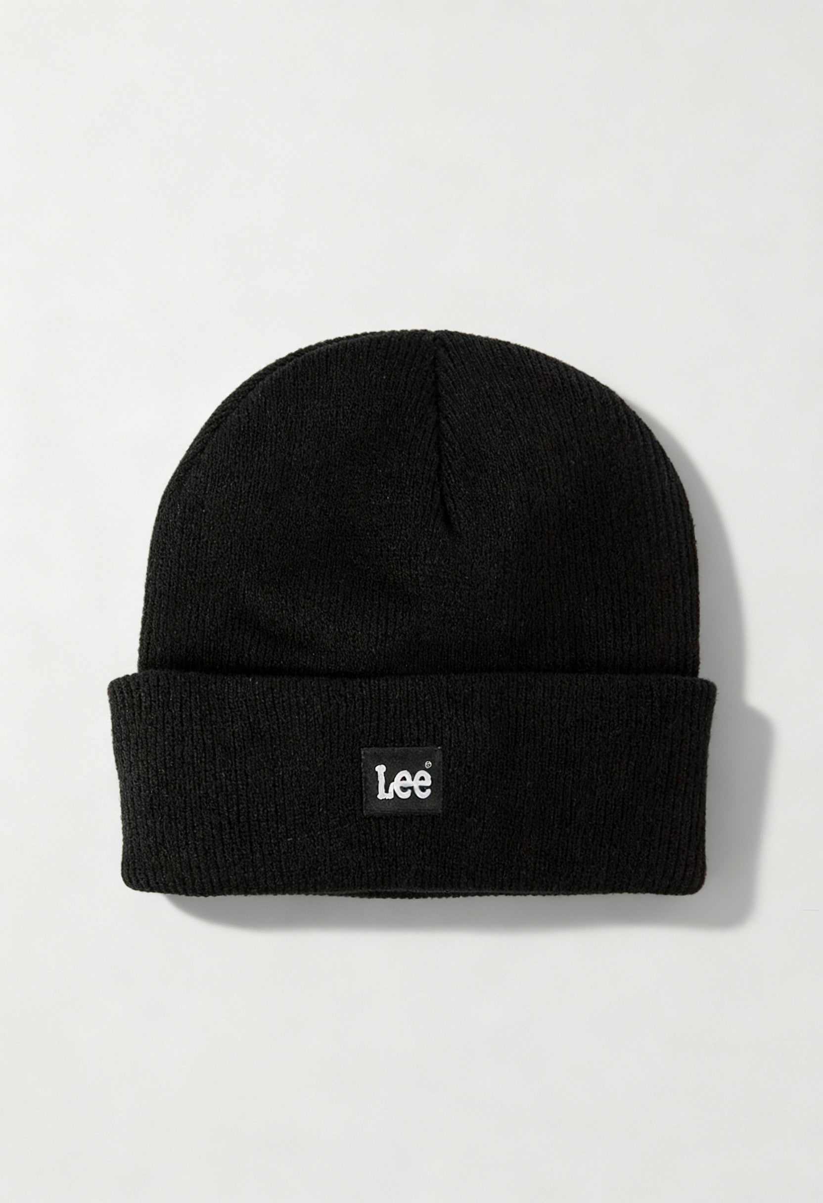 Lee LP594001 black unisex ribbed knit beanie hat with folded cuff and Lee logo, displayed in studio lighting.