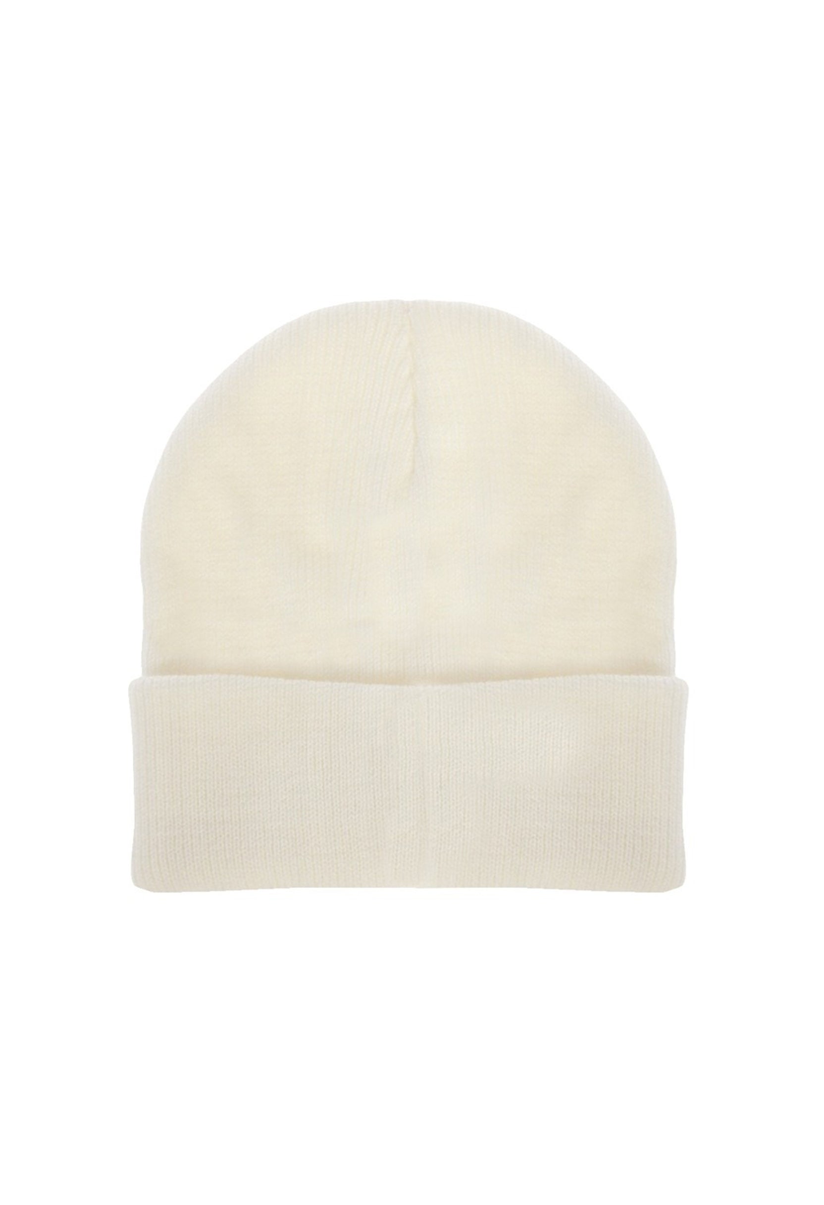Back view of Lee LP5940NQ solid white ribbed knit beanie hat with clean folded cuff design.