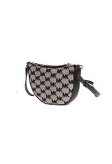 Angled view of Michael Kors 35S4G4DC5J curved MK monogram crossbody showing shape and strap.