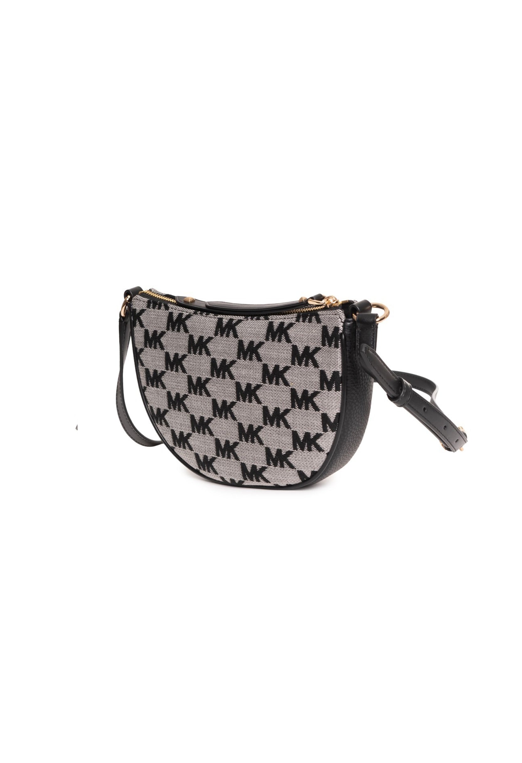 Angled view of Michael Kors 35S4G4DC5J curved MK monogram crossbody showing shape and strap.