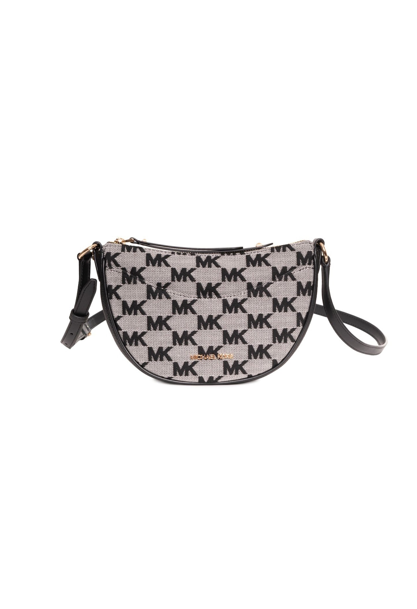 Front view of Michael Kors 35S4G4DC5J monogram fabric crossbody bag with top handle and zip closure.