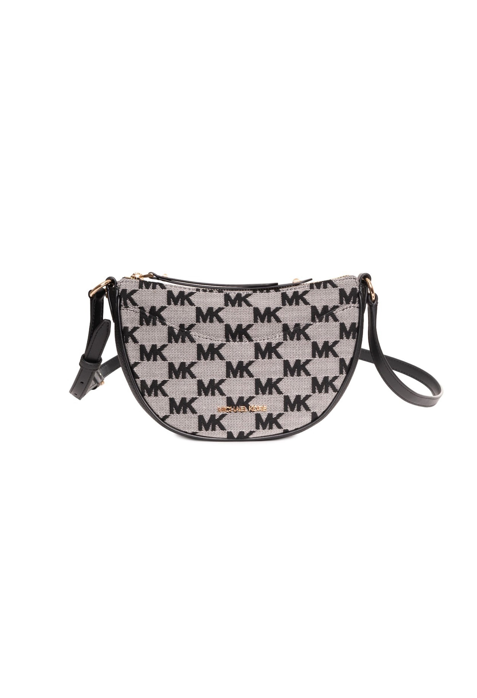 Front view of Michael Kors 35S4G4DC5J monogram fabric crossbody bag with top handle and zip closure.