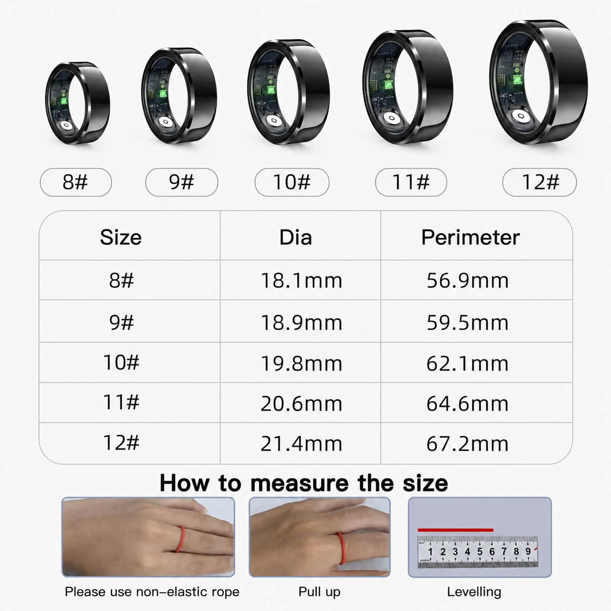 R6 Smart Ring Health Tracker size guide showing US ring sizes 8–12 with diameter, circumference measurements, and finger measuring instructions.